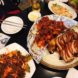 High angle view of meal served on table