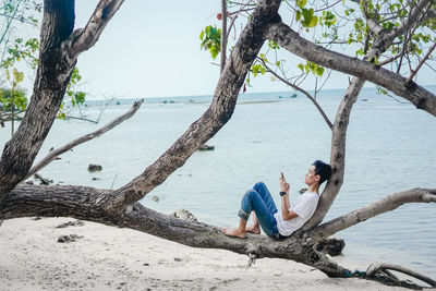People sitting by tree trunk by sea