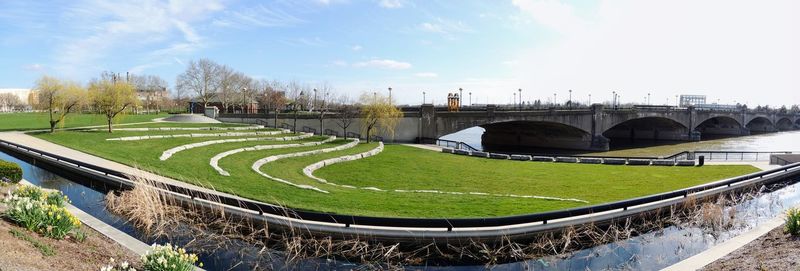 Indianapolis white river state park reflection pools and grass cityscape downtown