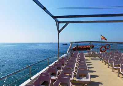High angle view of empty chairs on boat deck in sea against clear sky