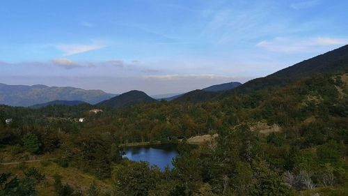 Scenic view of lake and mountains against sky