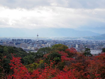 High angle view of buildings in city against sky