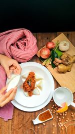 High angle view of breakfast on table