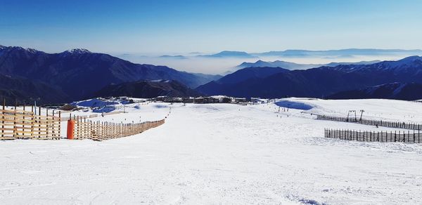 Scenic view of snow covered mountains against sky