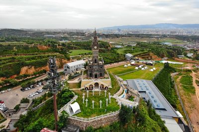 High angle view of townscape against sky