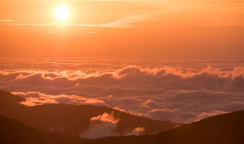 Scenic view of silhouette mountains against sky during sunset