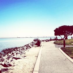 Scenic view of sea against clear blue sky