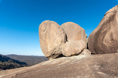 View of rocks against clear blue sky