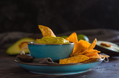 Close-up of bread in bowl on table