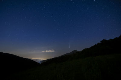 Scenic view of silhouette mountain against sky at night
