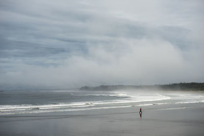 Man walking on beach against sky