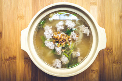 Directly above shot of soup in bowl on table