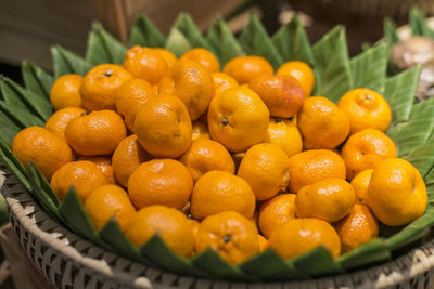High angle view of oranges in basket