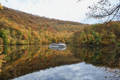 Reflection of trees in lake against sky