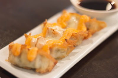 Close-up of served food in plate