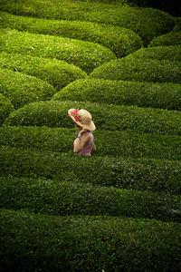 Side view of a woman holding leaf on field