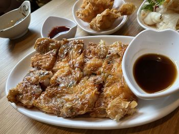 High angle view of food in plate on table