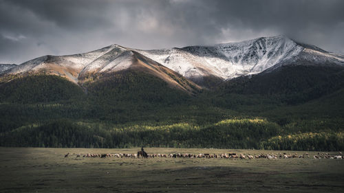 Scenic view of lake by mountains against sky