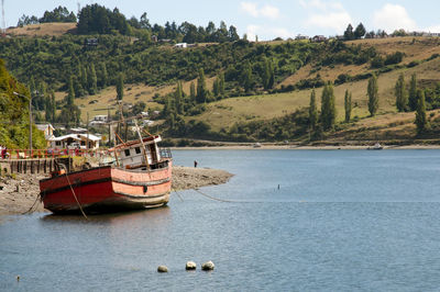 Boats moored in sea against sky