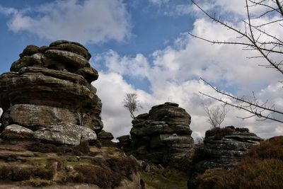 Low angle view of rock formation against sky