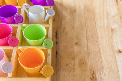 High angle view of multi colored candies on table