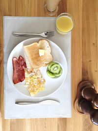 High angle view of breakfast served on table