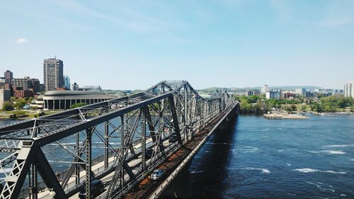 Bridge over river with city in background