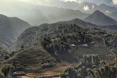 High angle view of landscape and mountains in sapa