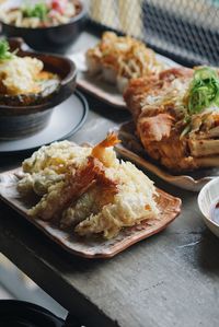 Close-up of food served on table