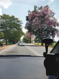 Road by trees against sky seen through car windshield