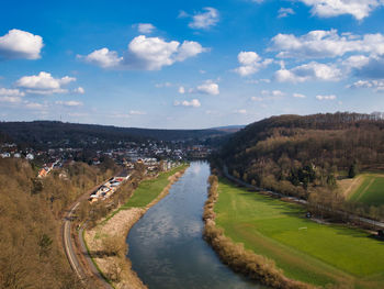 High angle view of river amidst landscape against sky