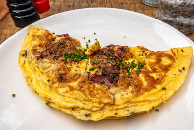 High angle view of breakfast served on table