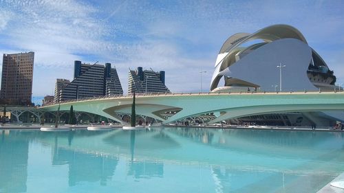 Bridge over river with buildings in background