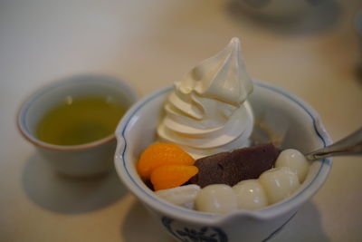 Close-up of breakfast served on table