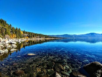 Scenic view of lake tahoe against blue sky at incline village