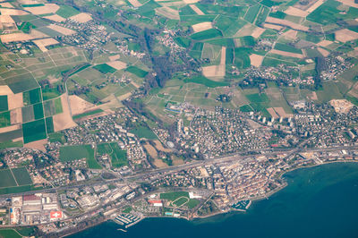 High angle view of illuminated buildings in city