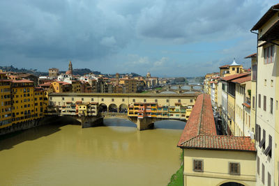 High angle view of river by buildings in town against sky