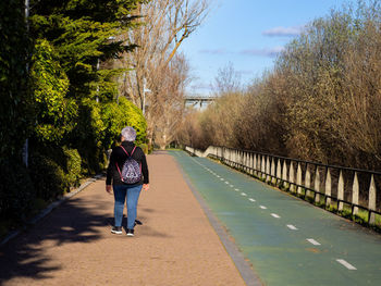 Rear view of senior woman walking on footpath amid trees