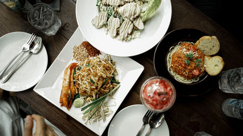 High angle view of meal served on table