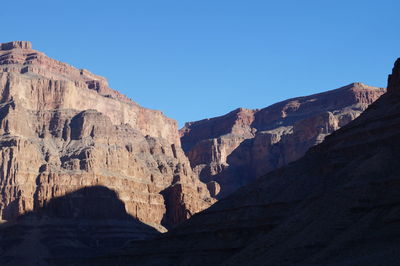 Low angle view of rock formation against clear blue sky