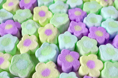 Rows of pastel colored flower shaped marshmallow candies for backdrop and banner