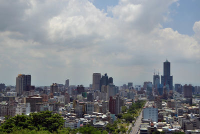 High angle view of buildings against sky