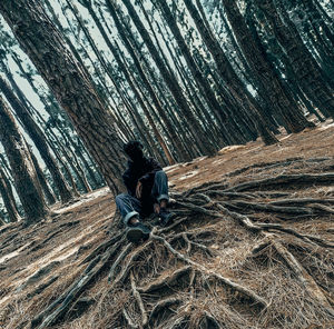 Man sitting on tree trunk in forest