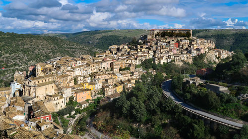 High angle view of townscape against sky