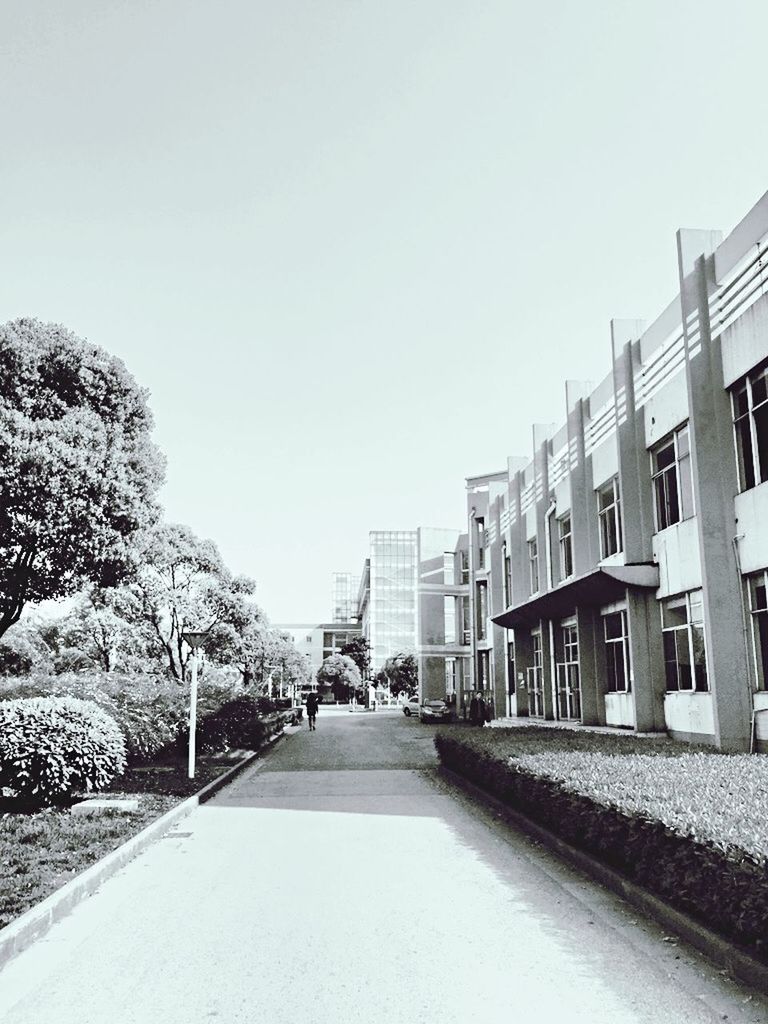 building exterior, architecture, built structure, clear sky, the way forward, street, diminishing perspective, copy space, road, snow, winter, cold temperature, city, residential structure, vanishing point, transportation, tree, residential building, building, day