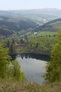 Scenic view of green landscape and lake against sky