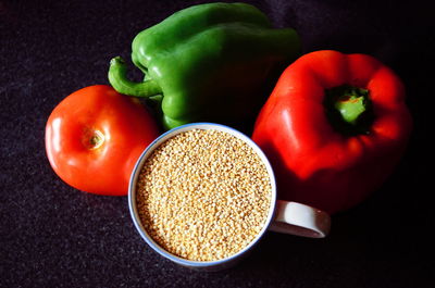 High angle view of tomatoes in bowl on table