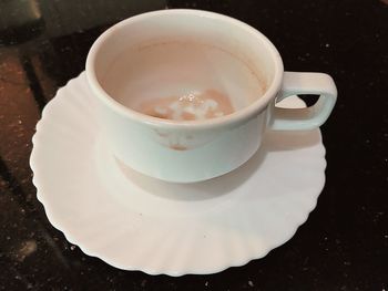 High angle view of coffee cup on table