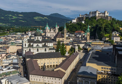 High angle view of buildings in town