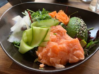 High angle view of seafood in plate on table